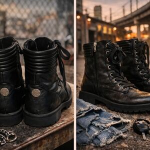 Earth Origins Black Leather Lace-Up Side-Zip Combat Boots, USA SIZE MORE LIKE 9